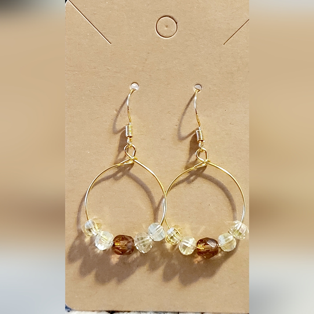 Golden Glass Beads And Faceted Jonquil Crystal Bead Hoop Earrings